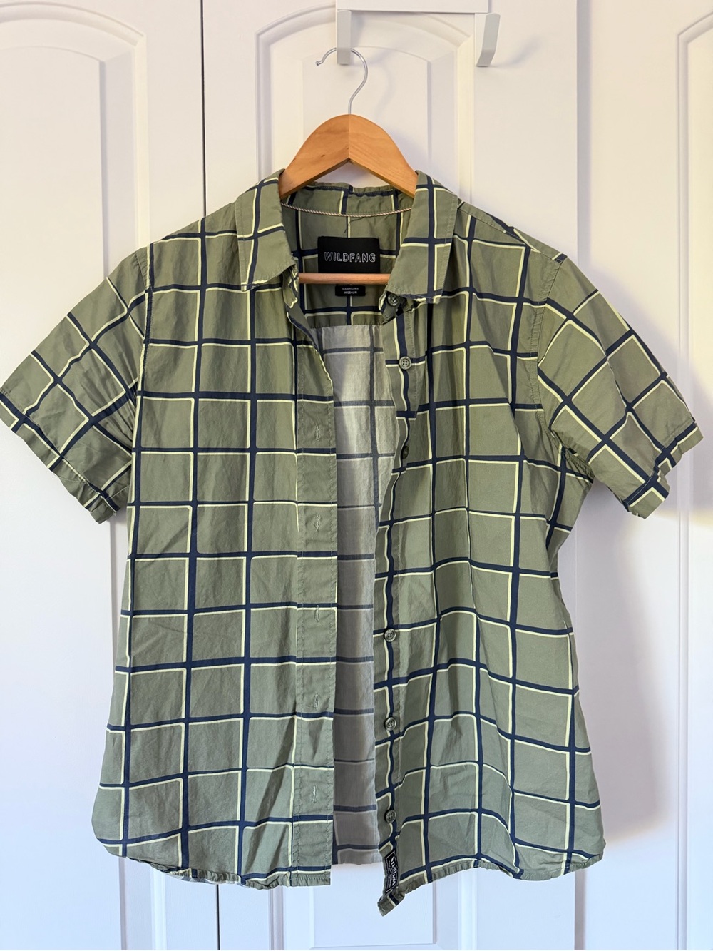 Wildfang Olive Short-Sleeve Button-Up with Navy Grid